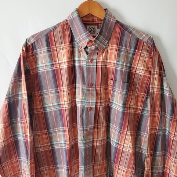 Cinch Men's Red Orange Plaid Long Sleeve Button Down Front Shirt Size Medium - Picture 4 of 11